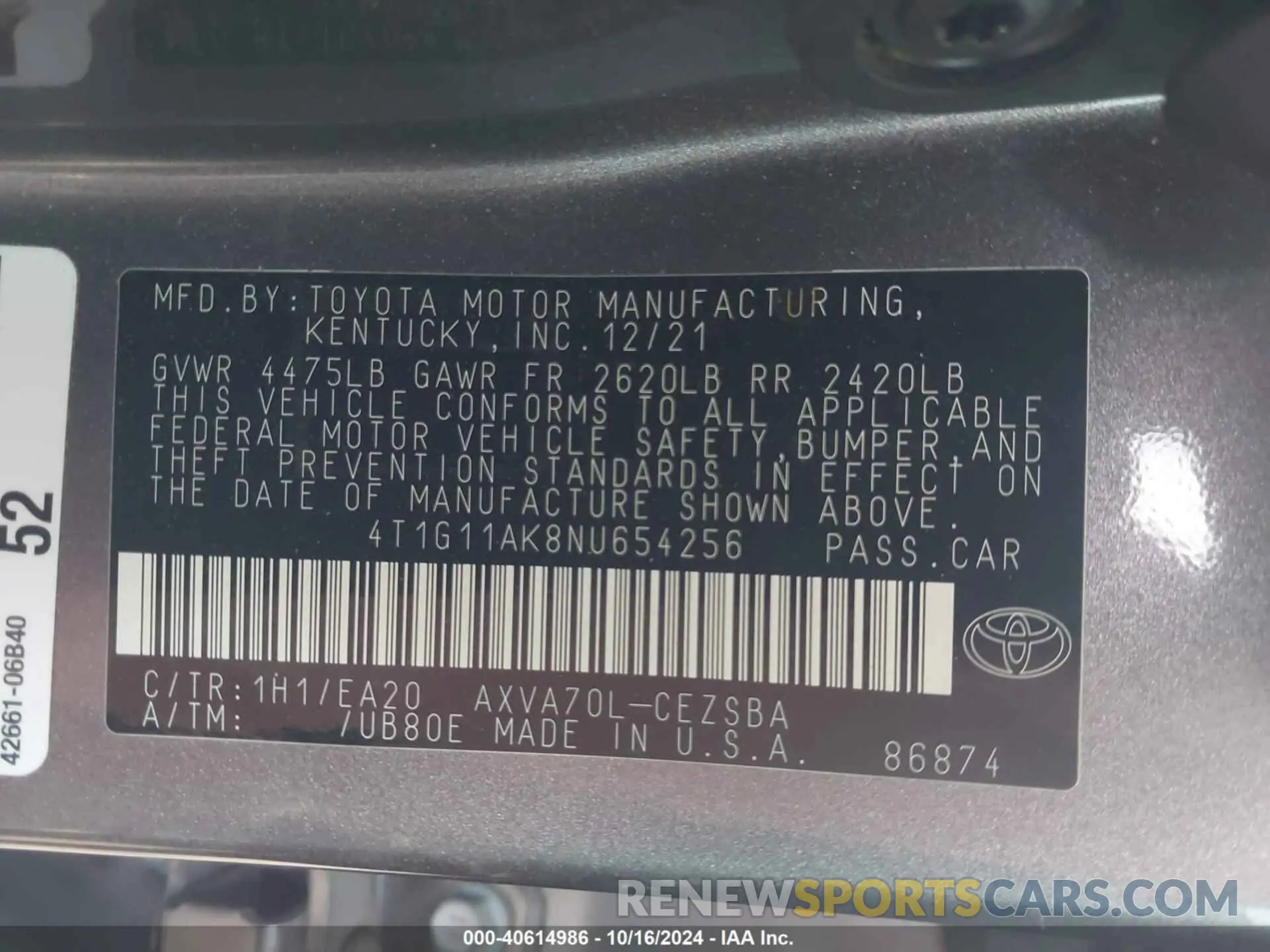 9 Фотография поврежденного автомобиля 4T1G11AK8NU654256 TOYOTA CAMRY 2022