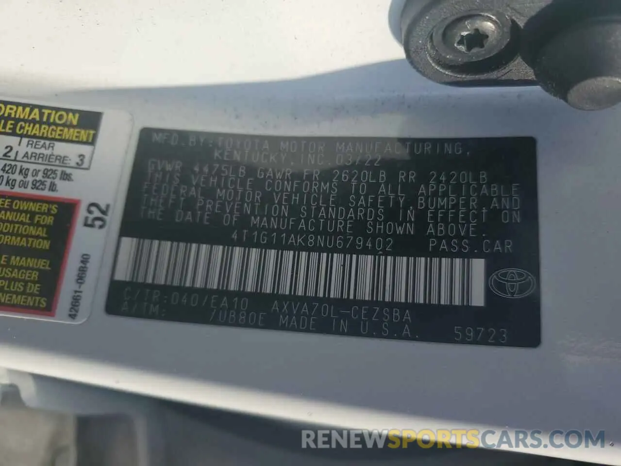 12 Фотография поврежденного автомобиля 4T1G11AK8NU679402 TOYOTA CAMRY 2022