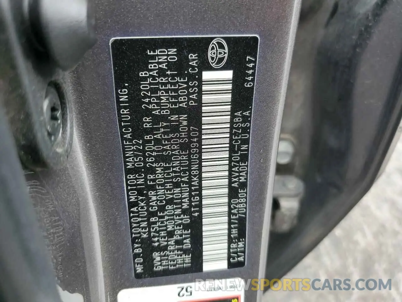 12 Фотография поврежденного автомобиля 4T1G11AK8NU699407 TOYOTA CAMRY 2022