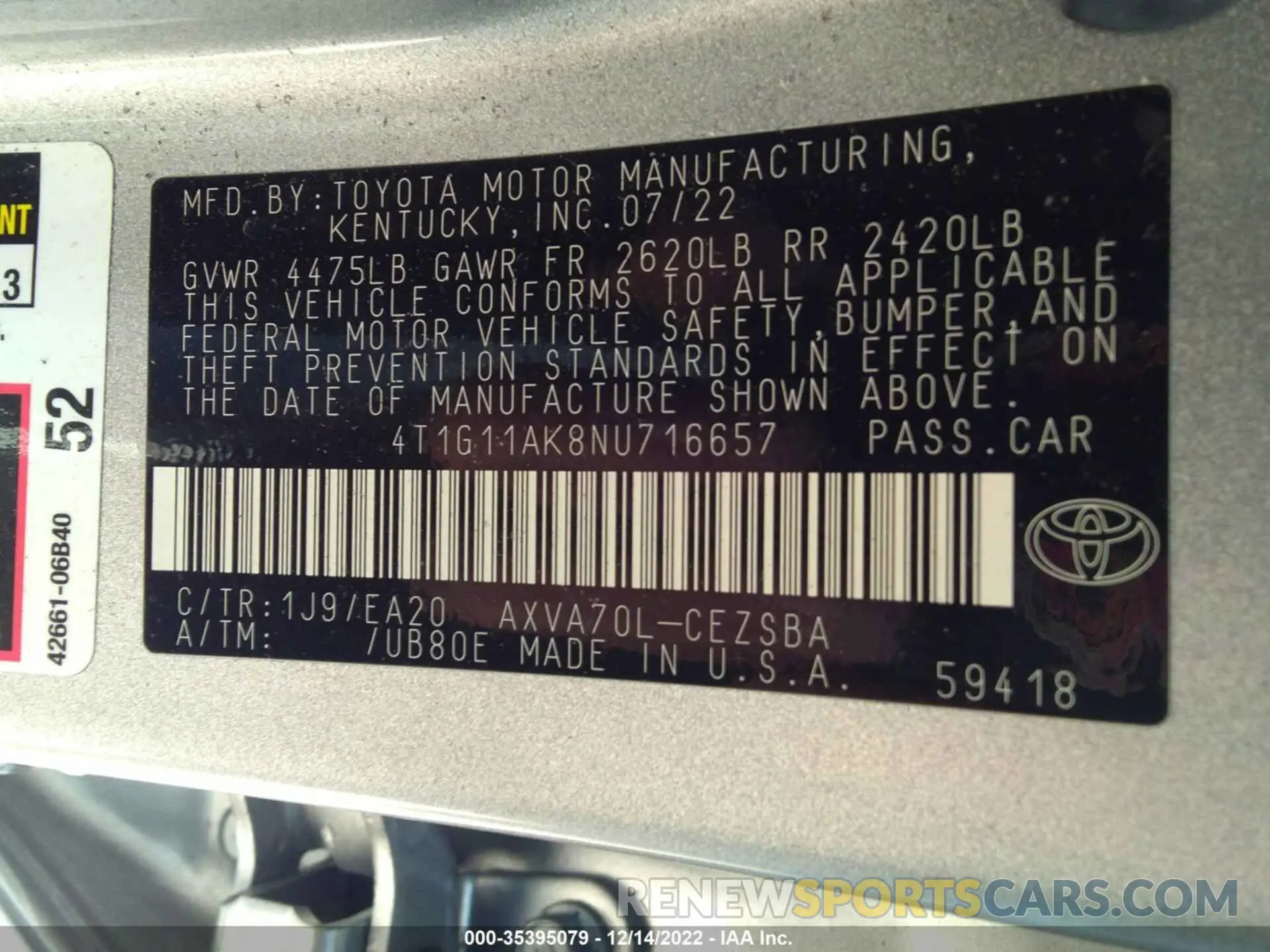 9 Фотография поврежденного автомобиля 4T1G11AK8NU716657 TOYOTA CAMRY 2022