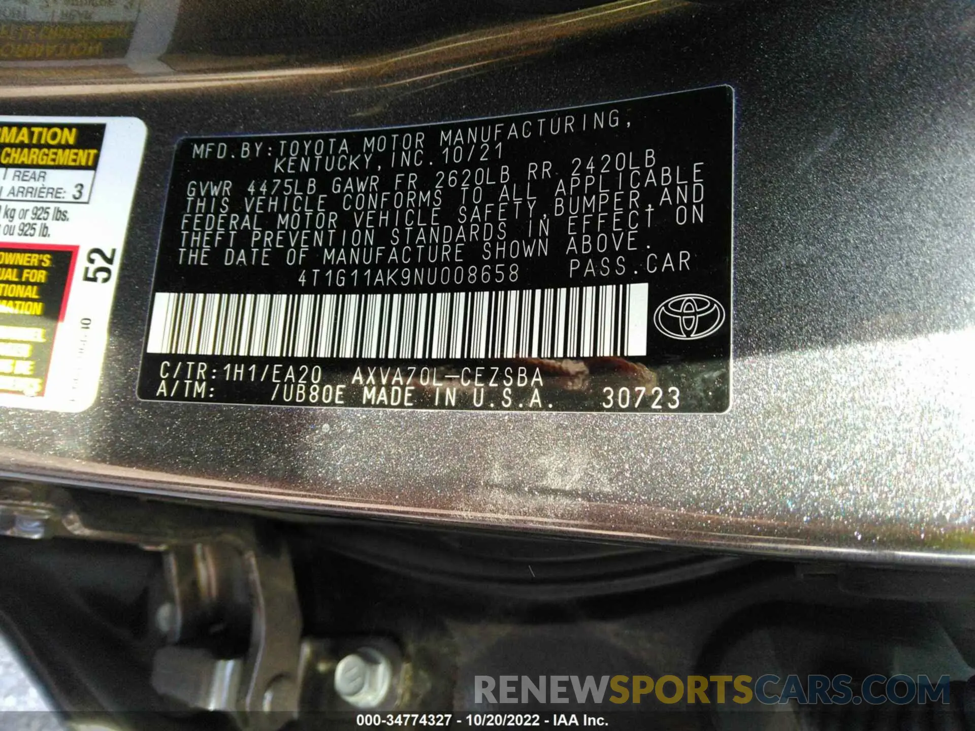 9 Фотография поврежденного автомобиля 4T1G11AK9NU008658 TOYOTA CAMRY 2022