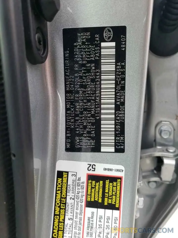 10 Фотография поврежденного автомобиля 4T1G11AK9NU043443 TOYOTA CAMRY 2022