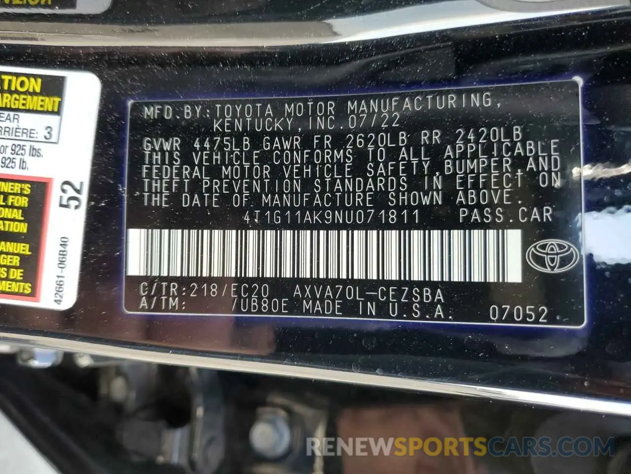 12 Photograph of a damaged car 4T1G11AK9NU071811 TOYOTA CAMRY 2022
