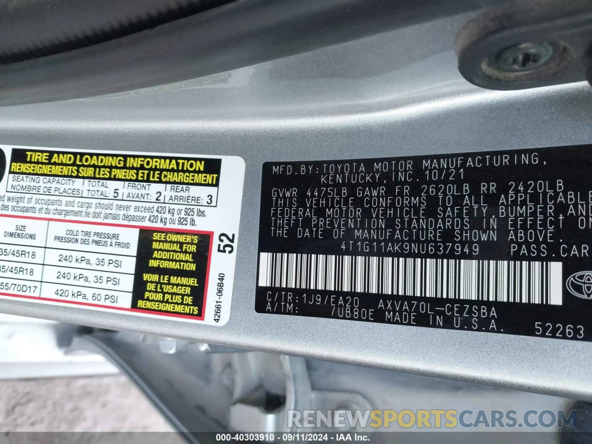 9 Фотография поврежденного автомобиля 4T1G11AK9NU637949 TOYOTA CAMRY 2022