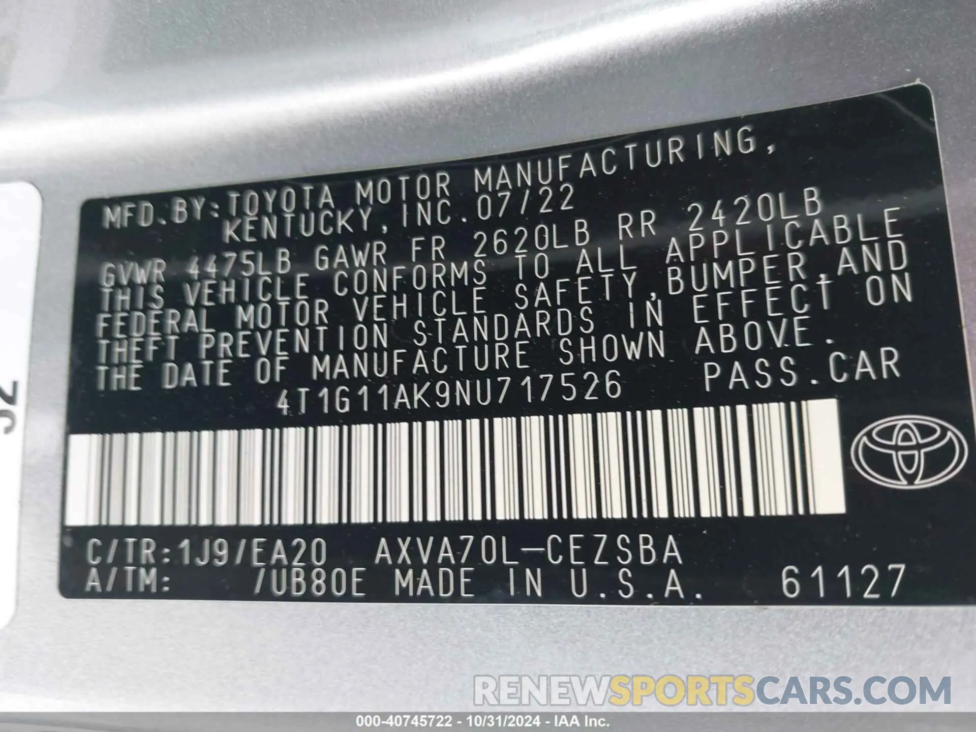 9 Photograph of a damaged car 4T1G11AK9NU717526 TOYOTA CAMRY 2022