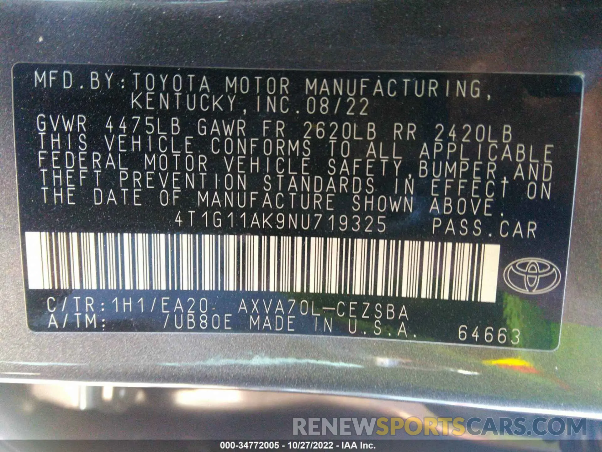 9 Фотография поврежденного автомобиля 4T1G11AK9NU719325 TOYOTA CAMRY 2022