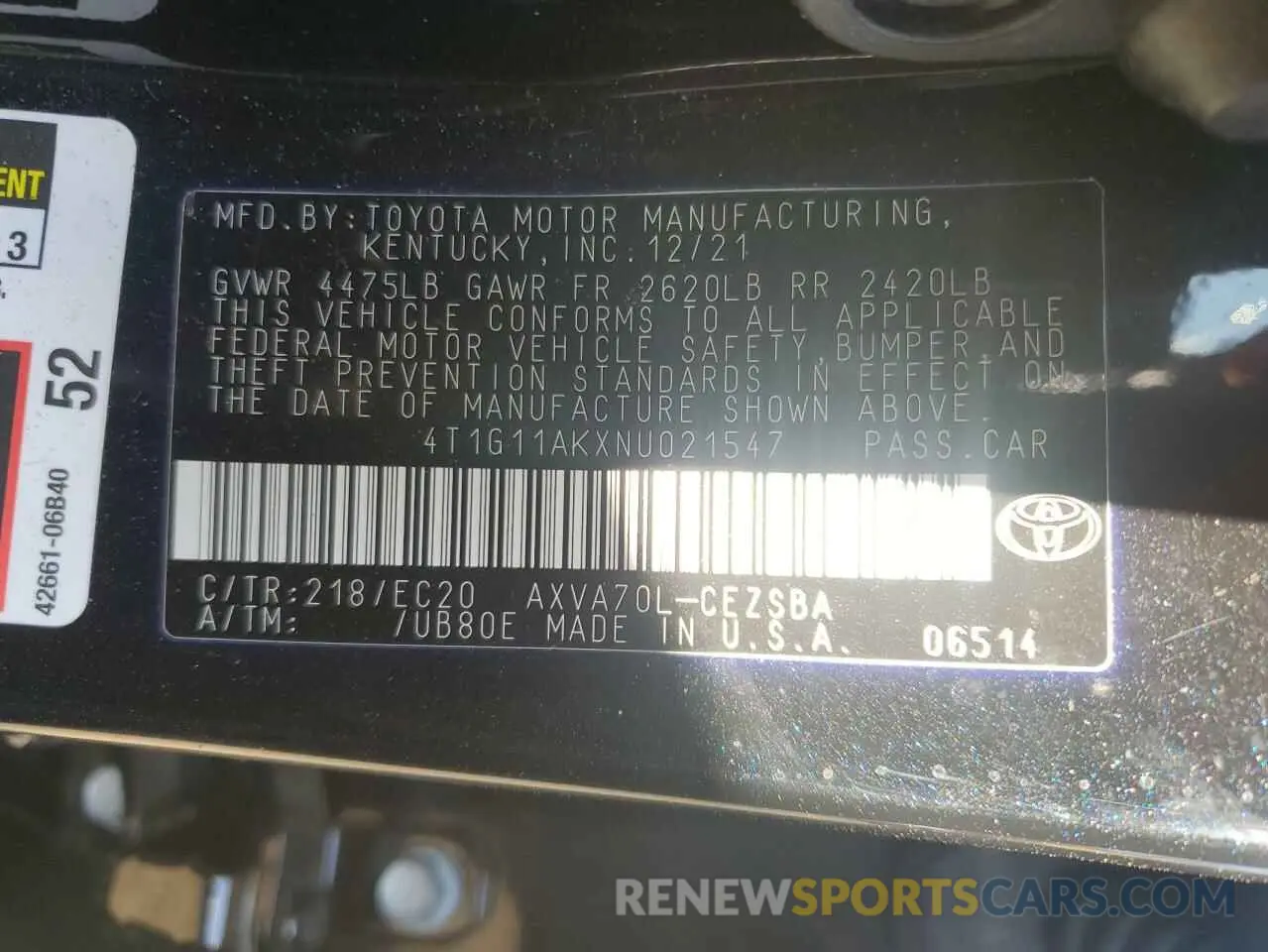 13 Фотография поврежденного автомобиля 4T1G11AKXNU021547 TOYOTA CAMRY 2022