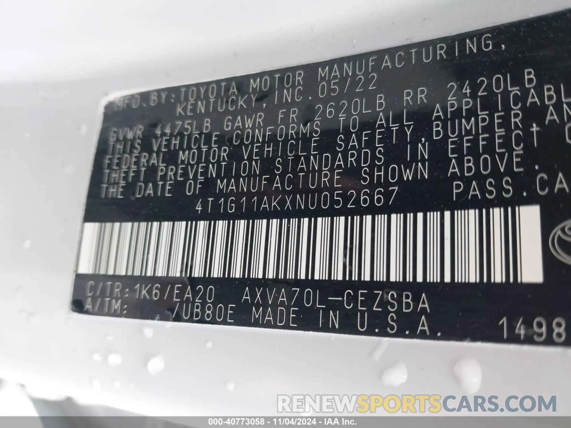 9 Фотография поврежденного автомобиля 4T1G11AKXNU052667 TOYOTA CAMRY 2022