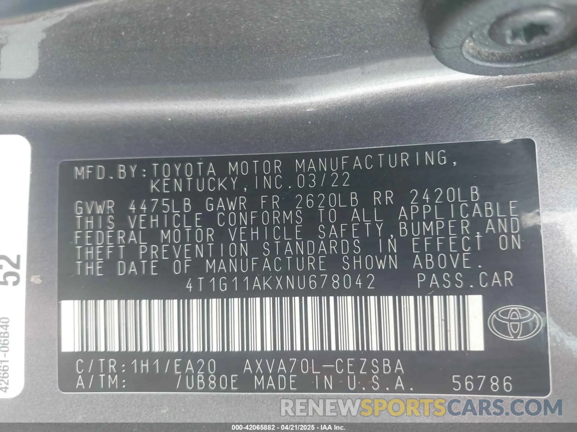 9 Photograph of a damaged car 4T1G11AKXNU678042 TOYOTA CAMRY 2022