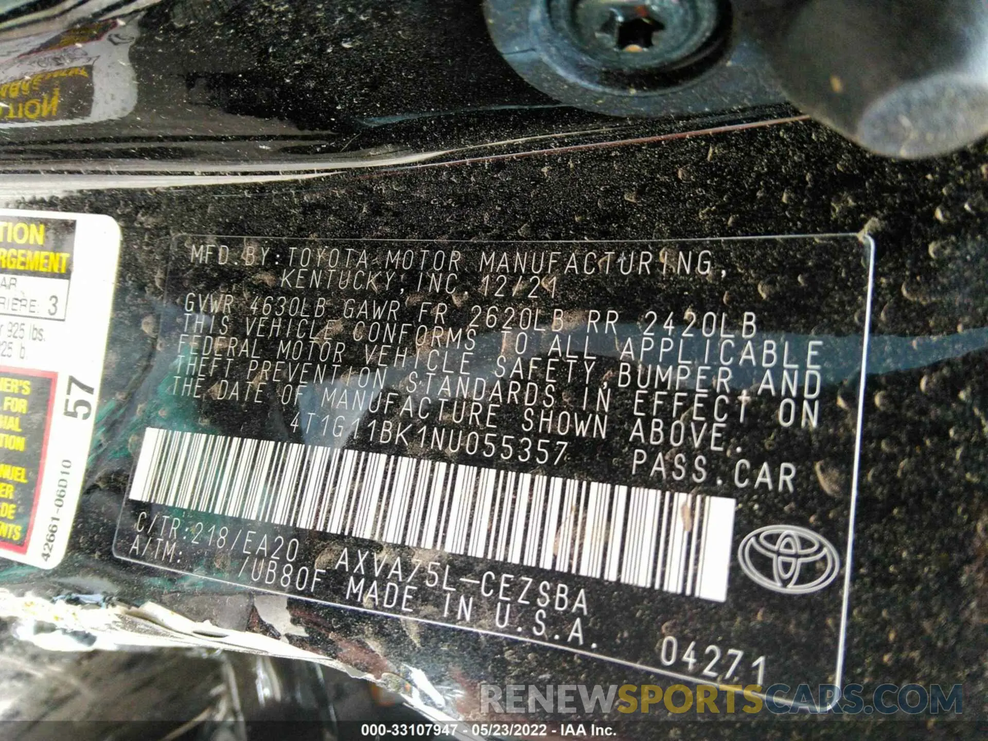 9 Фотография поврежденного автомобиля 4T1G11BK1NU055357 TOYOTA CAMRY 2022
