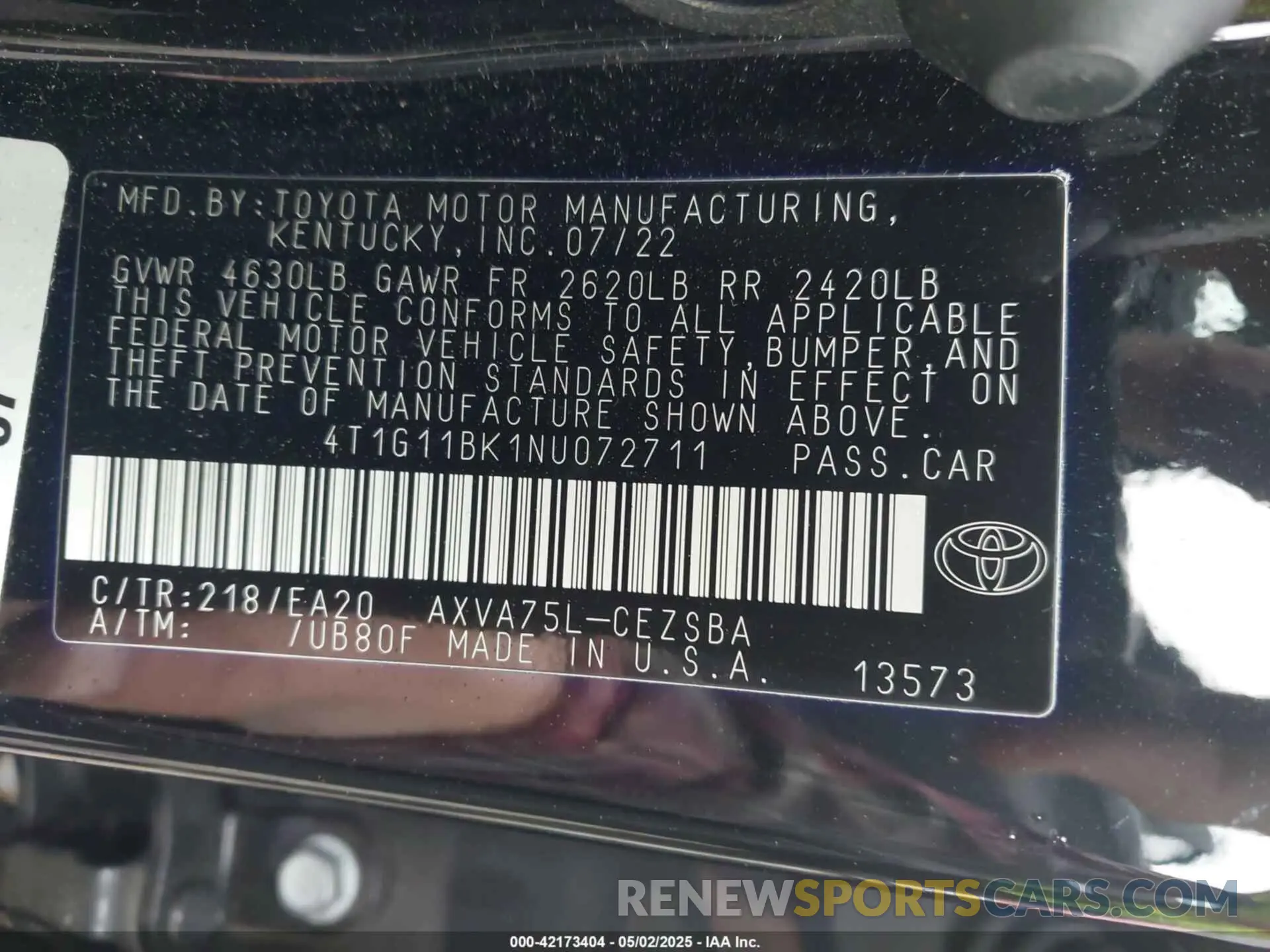 9 Фотография поврежденного автомобиля 4T1G11BK1NU072711 TOYOTA CAMRY 2022