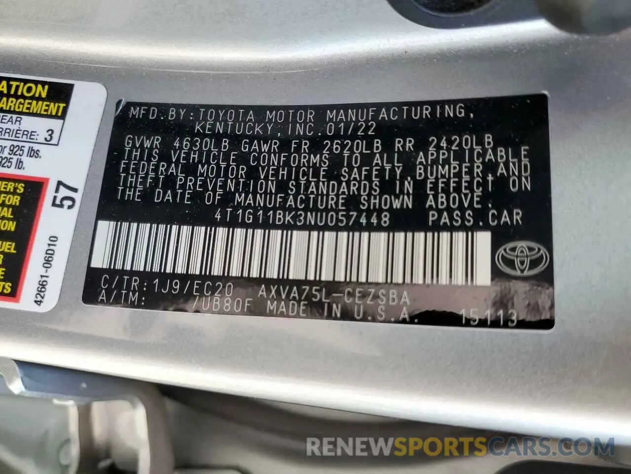 12 Фотография поврежденного автомобиля 4T1G11BK3NU057448 TOYOTA CAMRY 2022