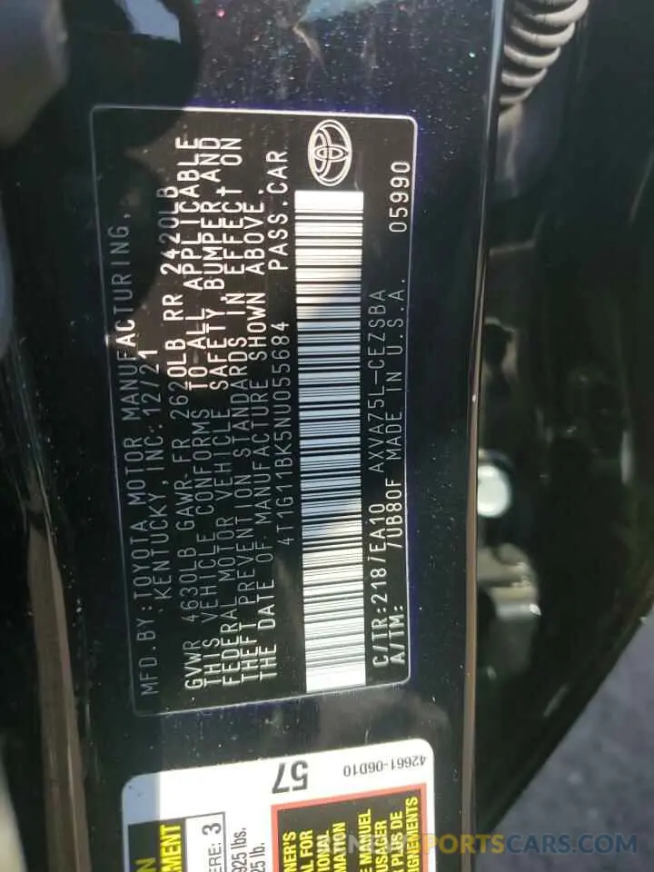 12 Фотография поврежденного автомобиля 4T1G11BK5NU055684 TOYOTA CAMRY 2022