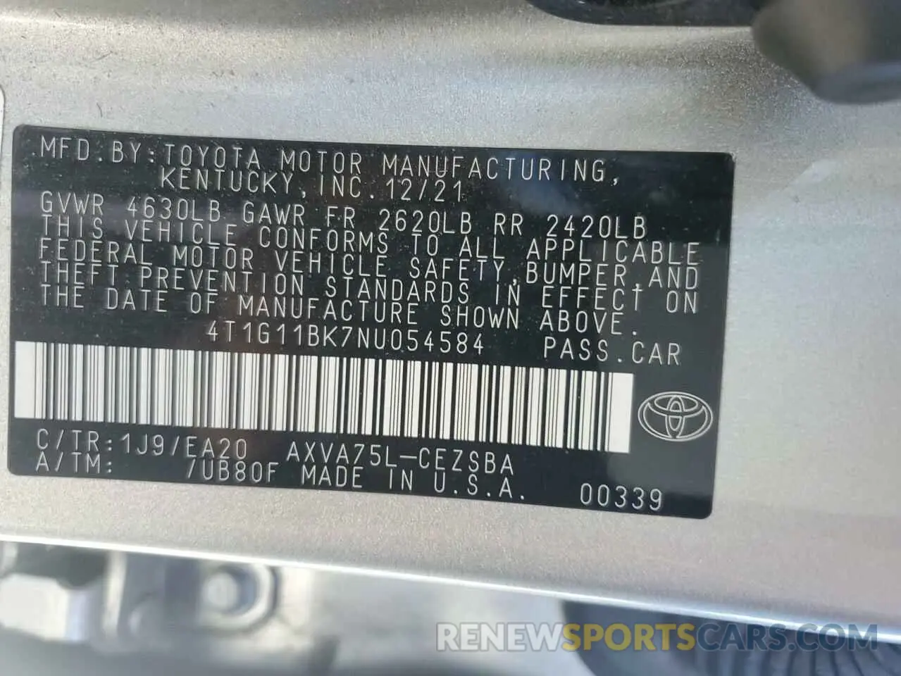 12 Photograph of a damaged car 4T1G11BK7NU054584 TOYOTA CAMRY 2022