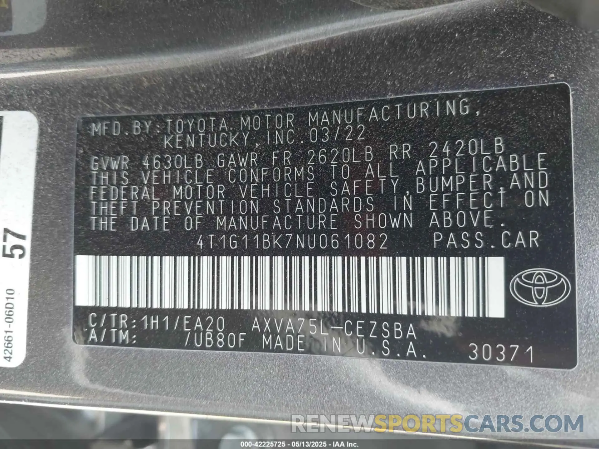 9 Photograph of a damaged car 4T1G11BK7NU061082 TOYOTA CAMRY 2022