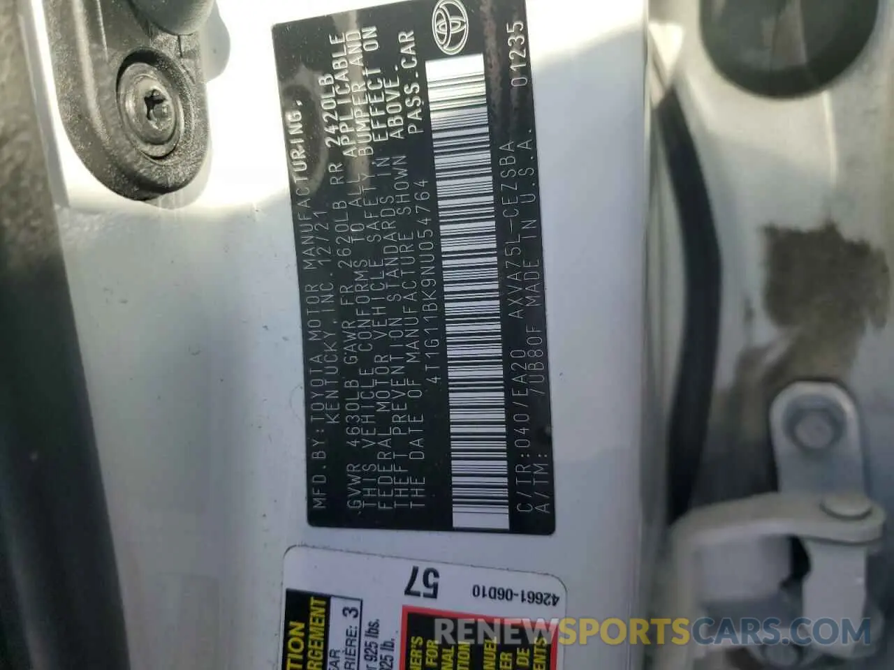 12 Photograph of a damaged car 4T1G11BK9NU054764 TOYOTA CAMRY 2022