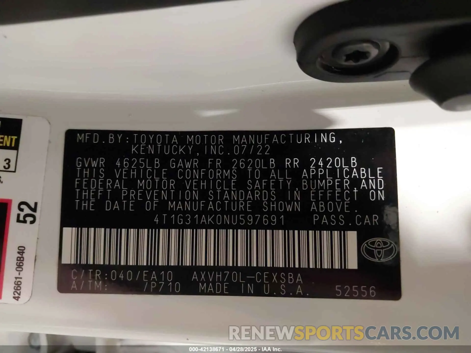 9 Фотография поврежденного автомобиля 4T1G31AK0NU597691 TOYOTA CAMRY 2022