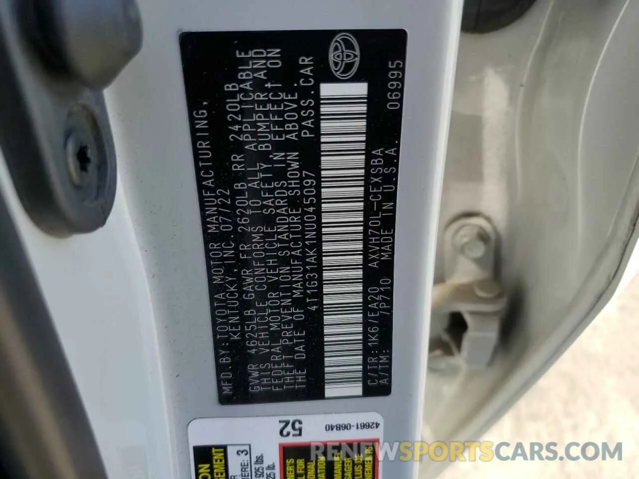 12 Photograph of a damaged car 4T1G31AK1NU045097 TOYOTA CAMRY 2022
