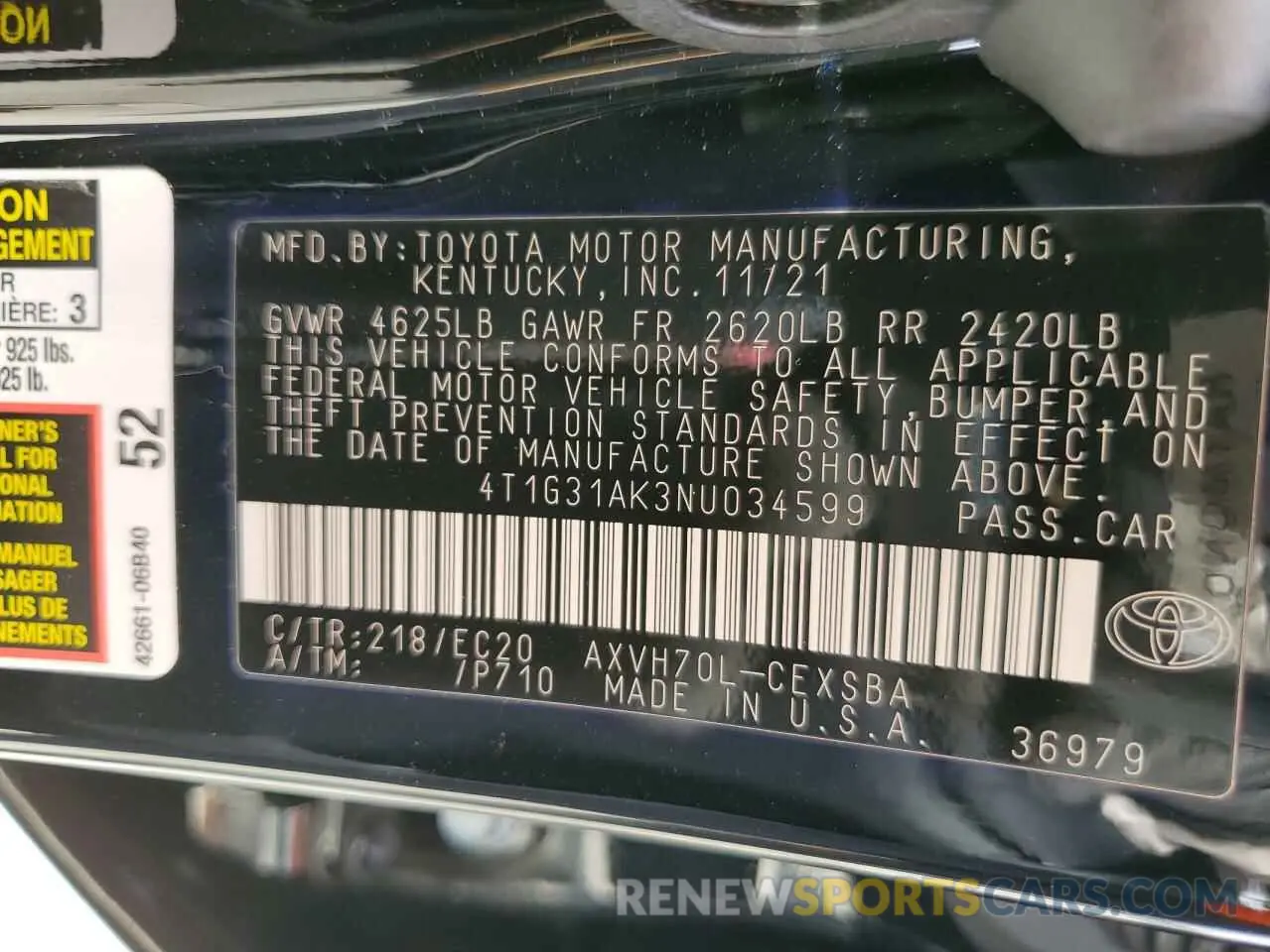 10 Фотография поврежденного автомобиля 4T1G31AK3NU034599 TOYOTA CAMRY 2022
