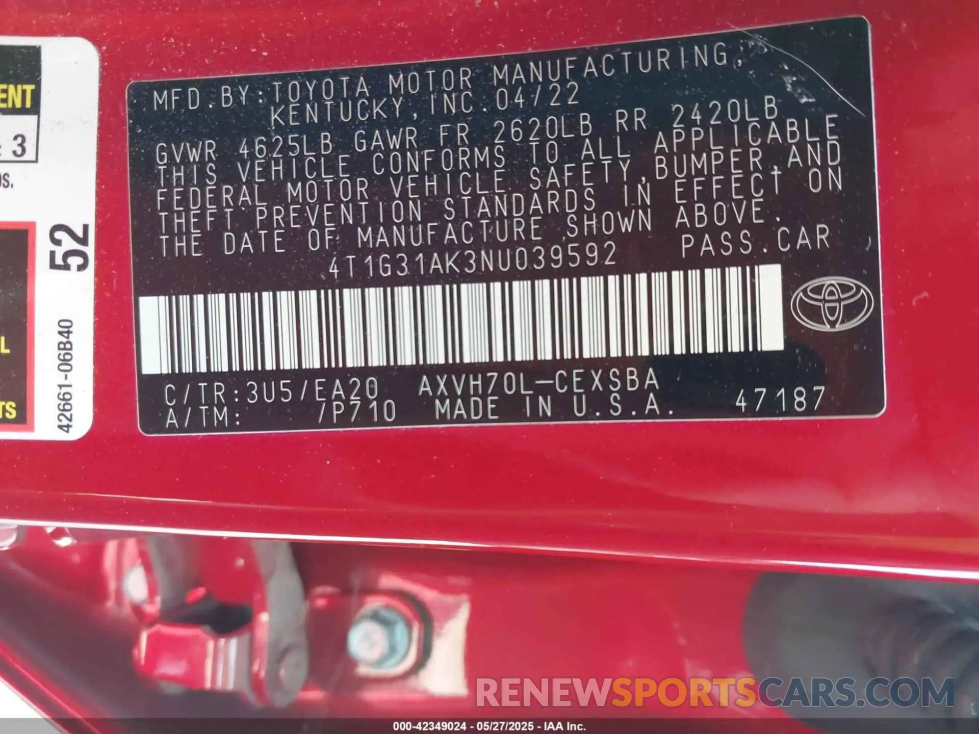9 Фотография поврежденного автомобиля 4T1G31AK3NU039592 TOYOTA CAMRY 2022
