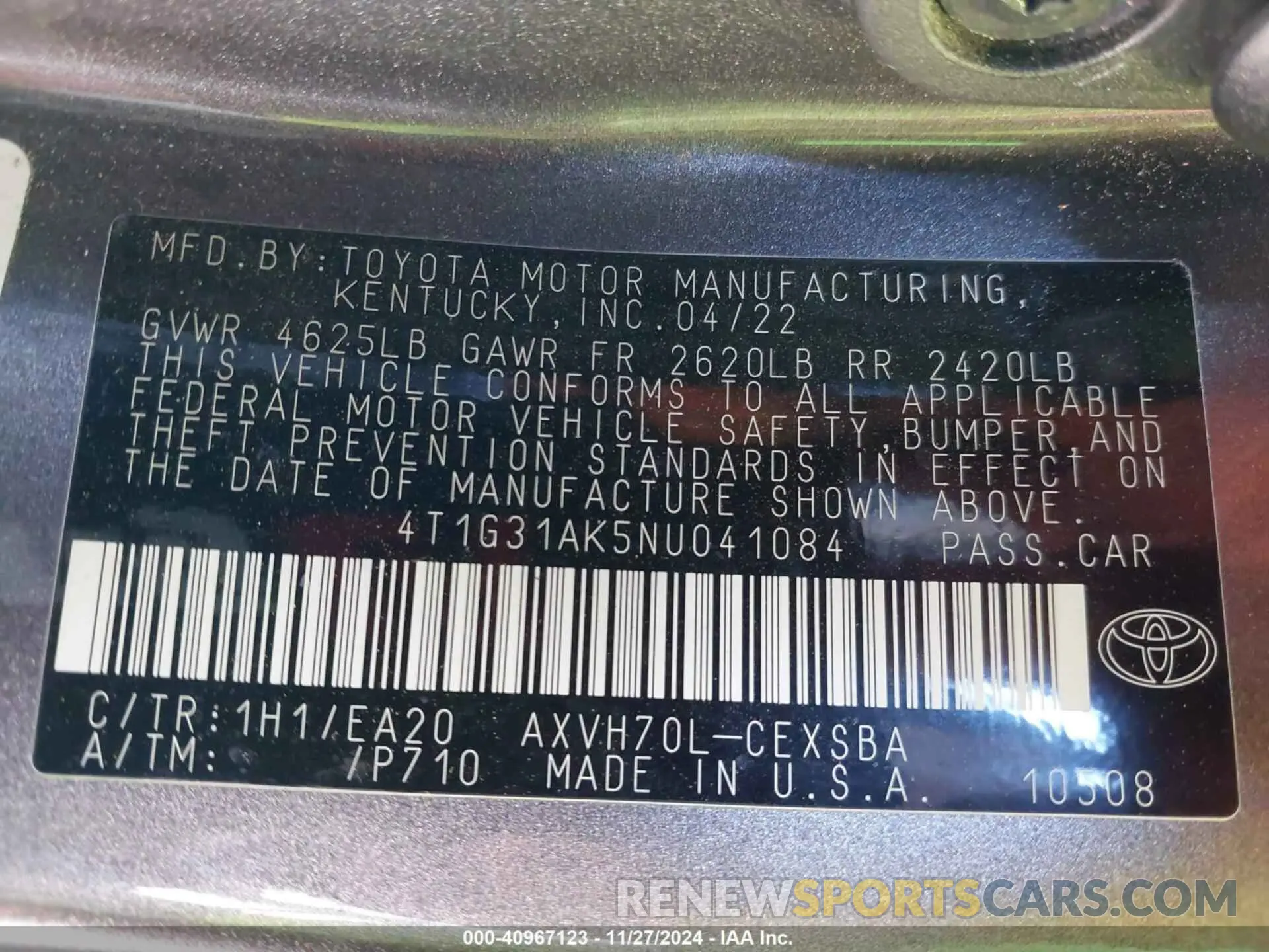 9 Фотография поврежденного автомобиля 4T1G31AK5NU041084 TOYOTA CAMRY 2022
