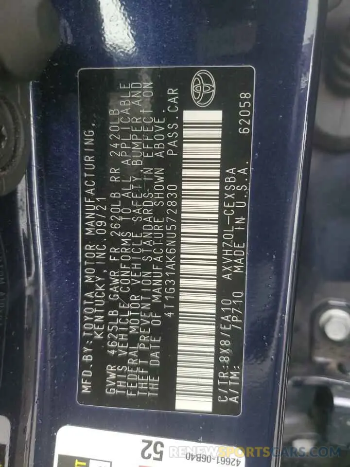 15 Фотография поврежденного автомобиля 4T1G31AK6NU572830 TOYOTA CAMRY 2022