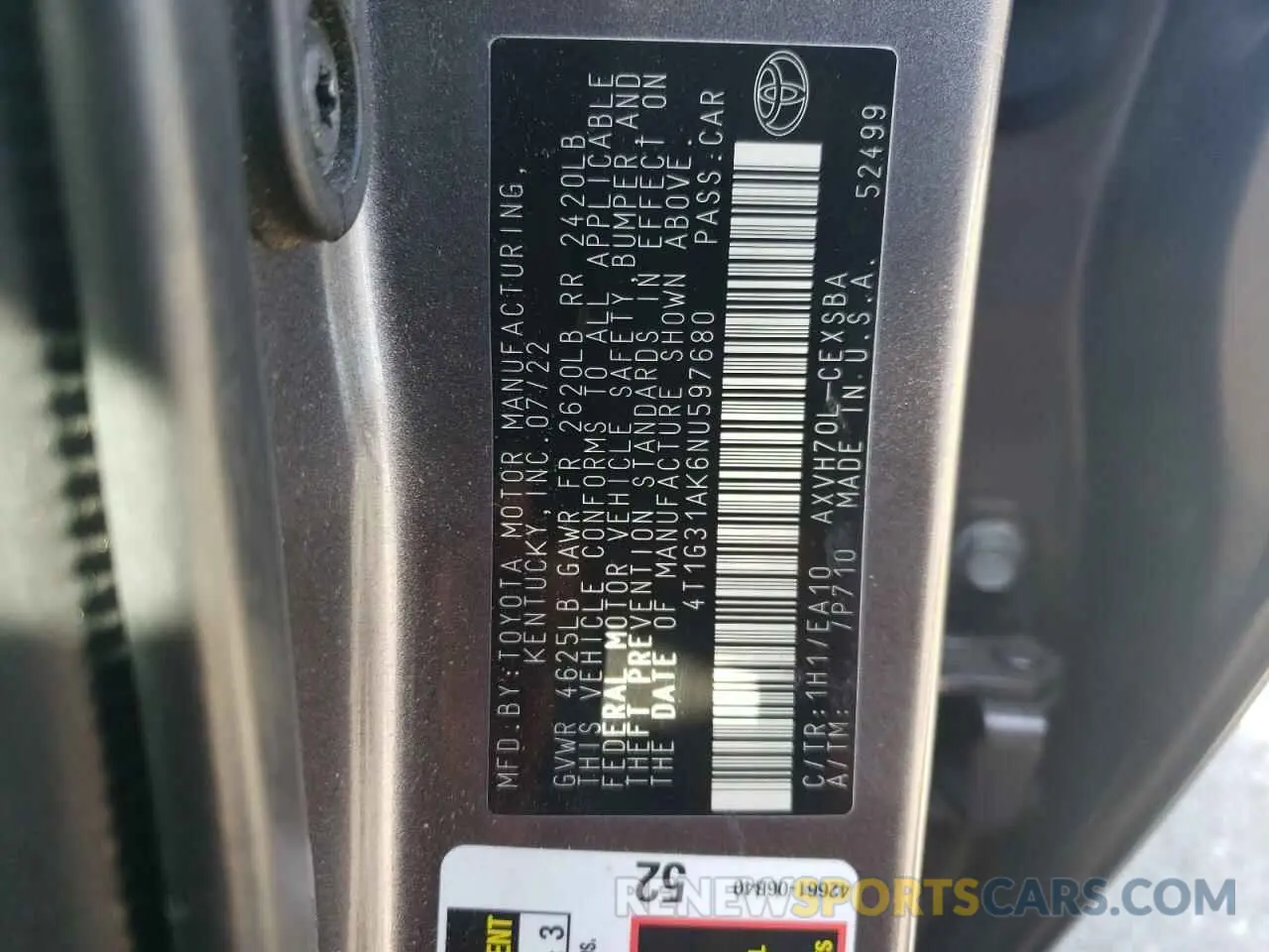 12 Фотография поврежденного автомобиля 4T1G31AK6NU597680 TOYOTA CAMRY 2022