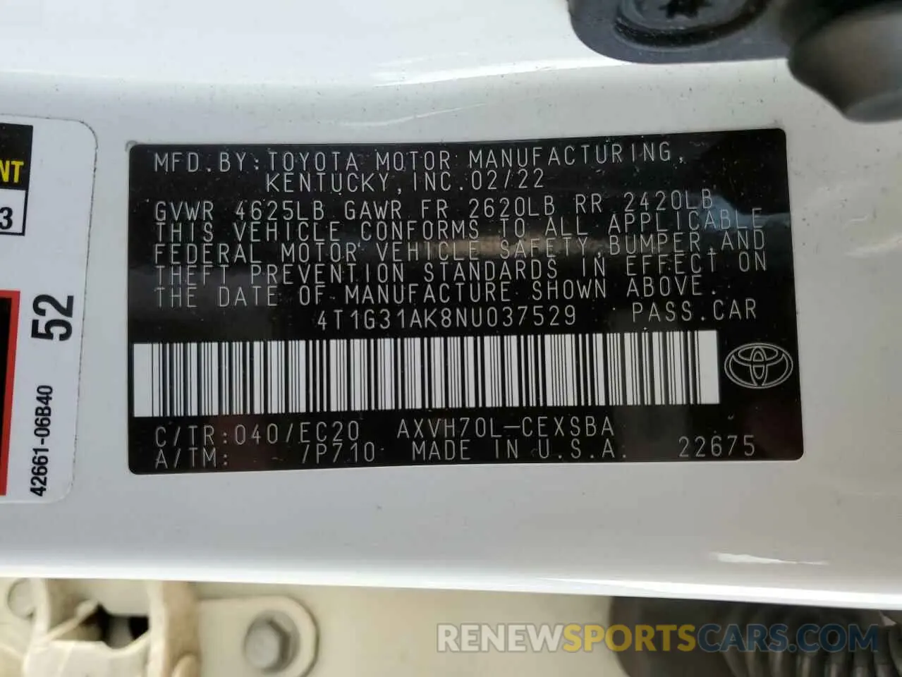 13 Фотография поврежденного автомобиля 4T1G31AK8NU037529 TOYOTA CAMRY 2022