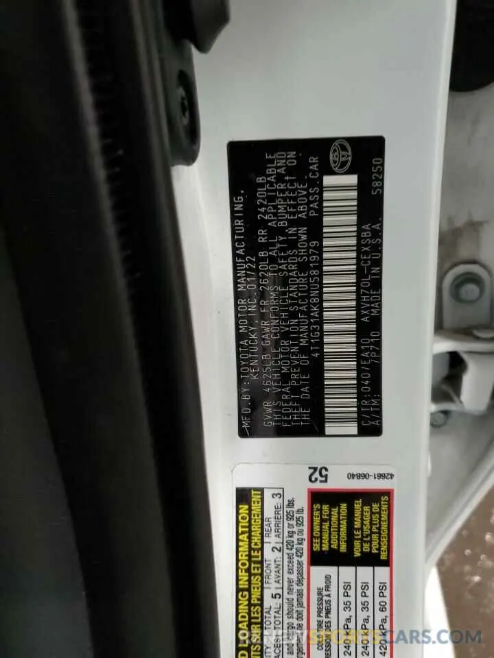13 Фотография поврежденного автомобиля 4T1G31AK8NU581979 TOYOTA CAMRY 2022