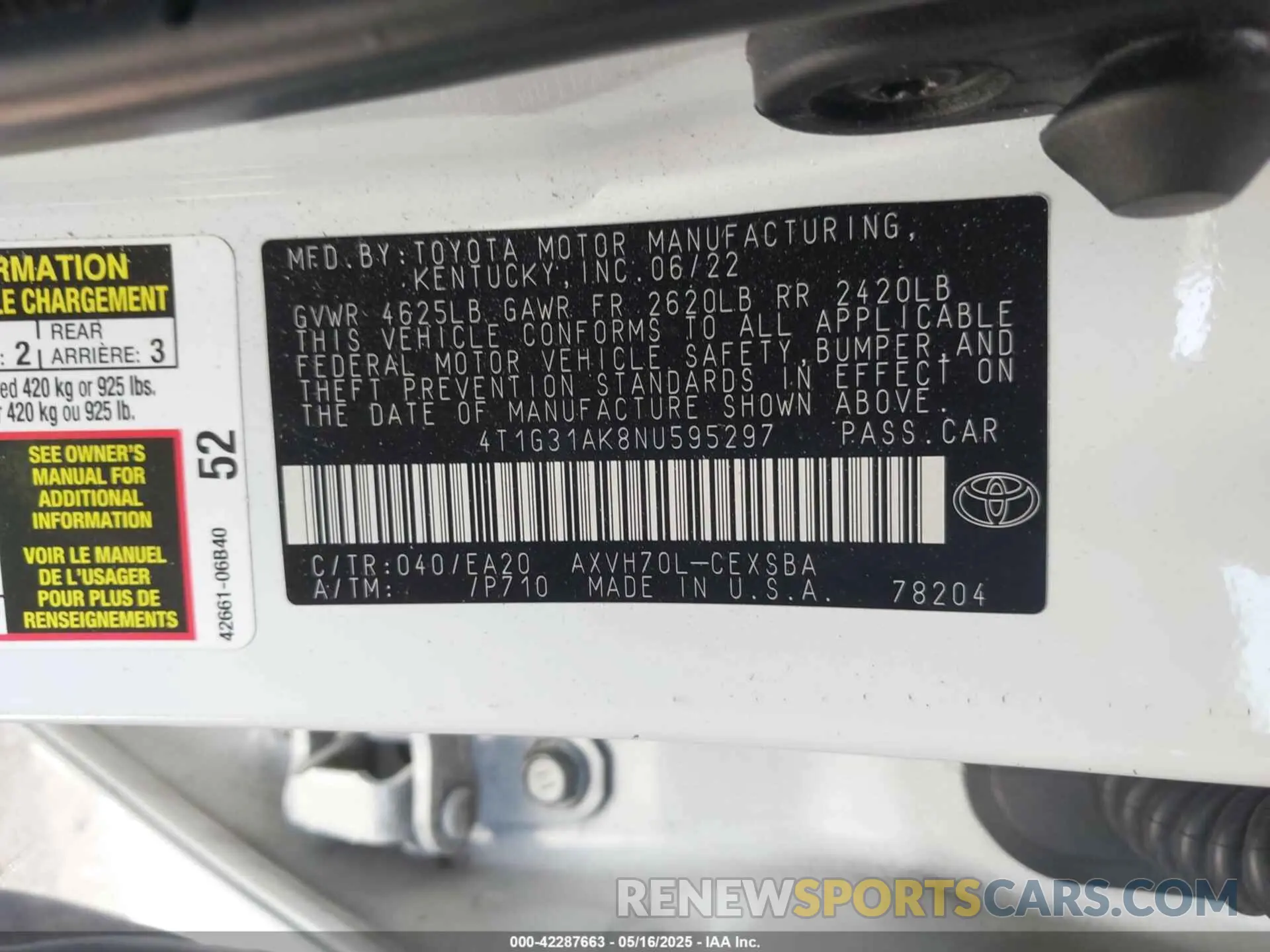 9 Фотография поврежденного автомобиля 4T1G31AK8NU595297 TOYOTA CAMRY 2022