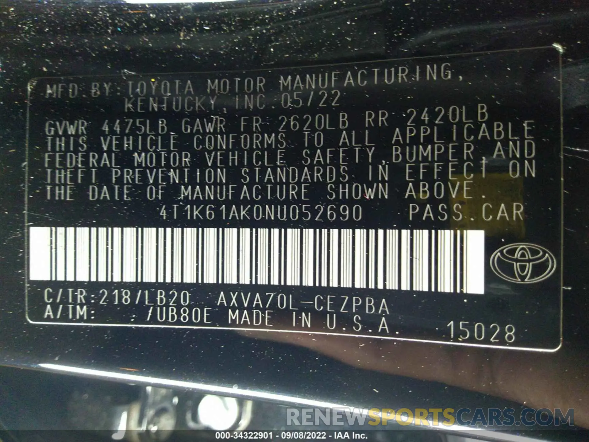 9 Фотография поврежденного автомобиля 4T1K61AK0NU052690 TOYOTA CAMRY 2022