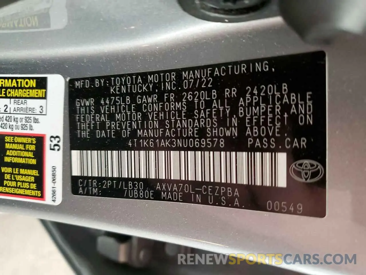 13 Фотография поврежденного автомобиля 4T1K61AK3NU069578 TOYOTA CAMRY 2022