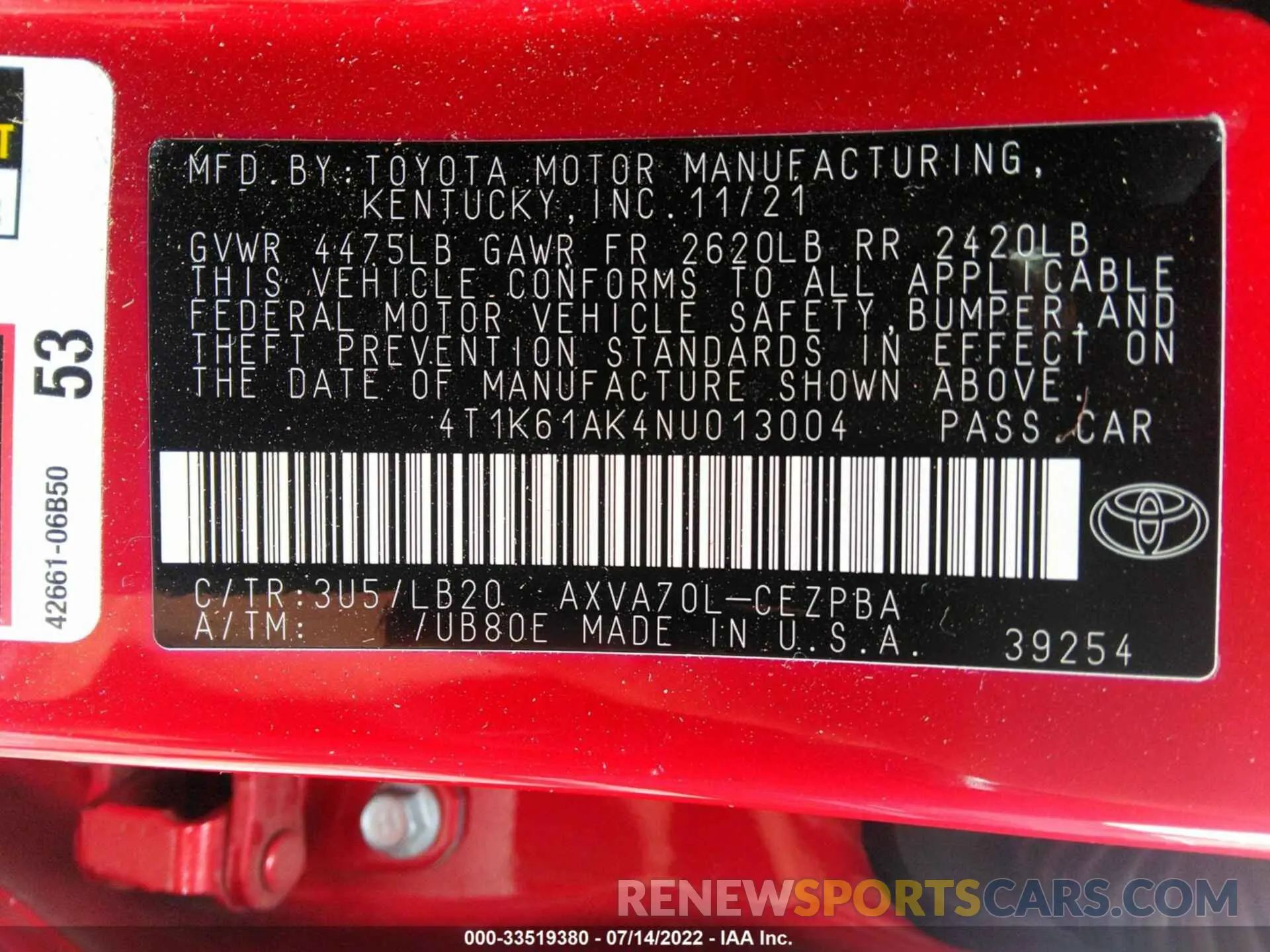 9 Фотография поврежденного автомобиля 4T1K61AK4NU013004 TOYOTA CAMRY 2022