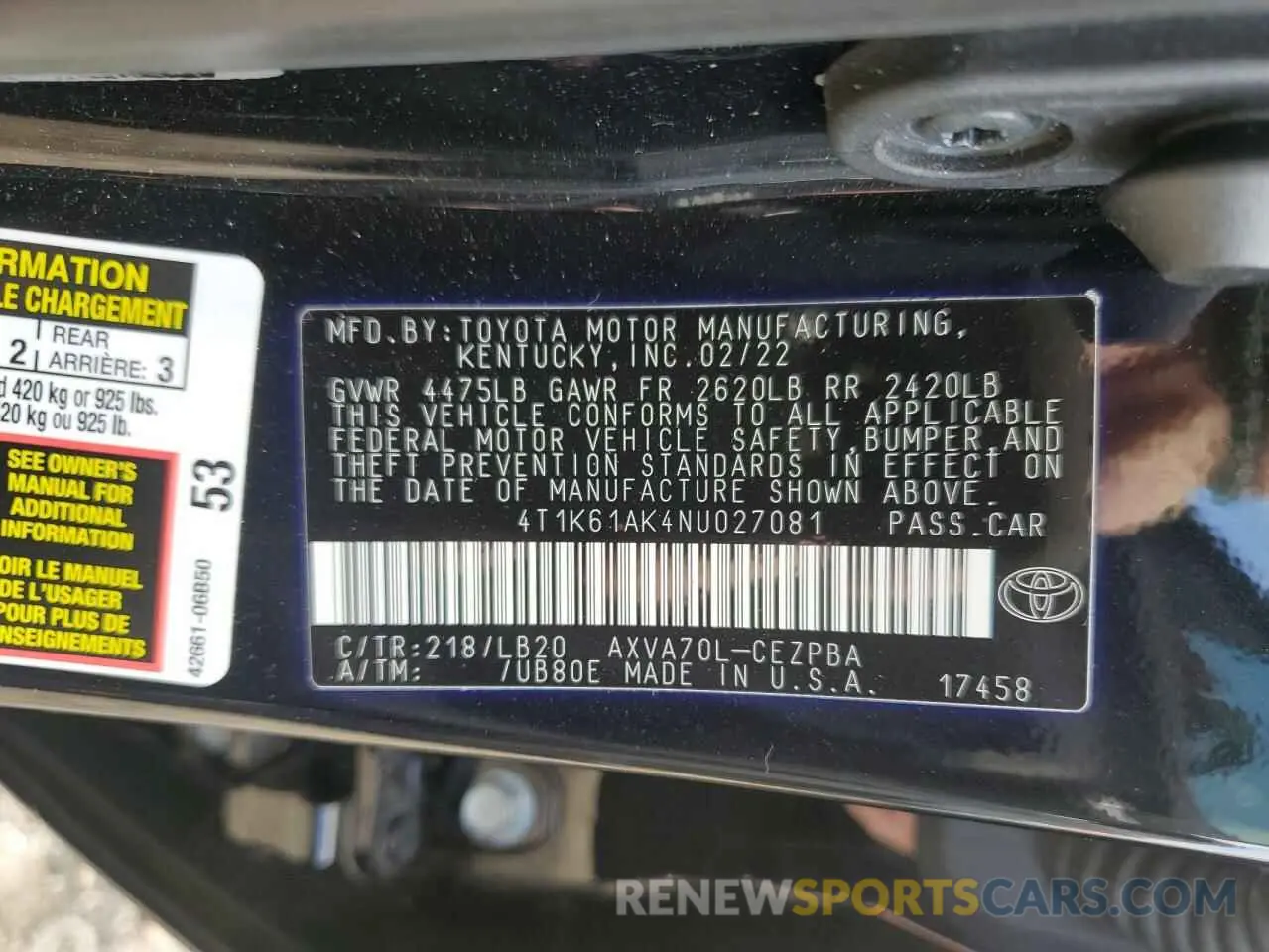 13 Photograph of a damaged car 4T1K61AK4NU027081 TOYOTA CAMRY 2022
