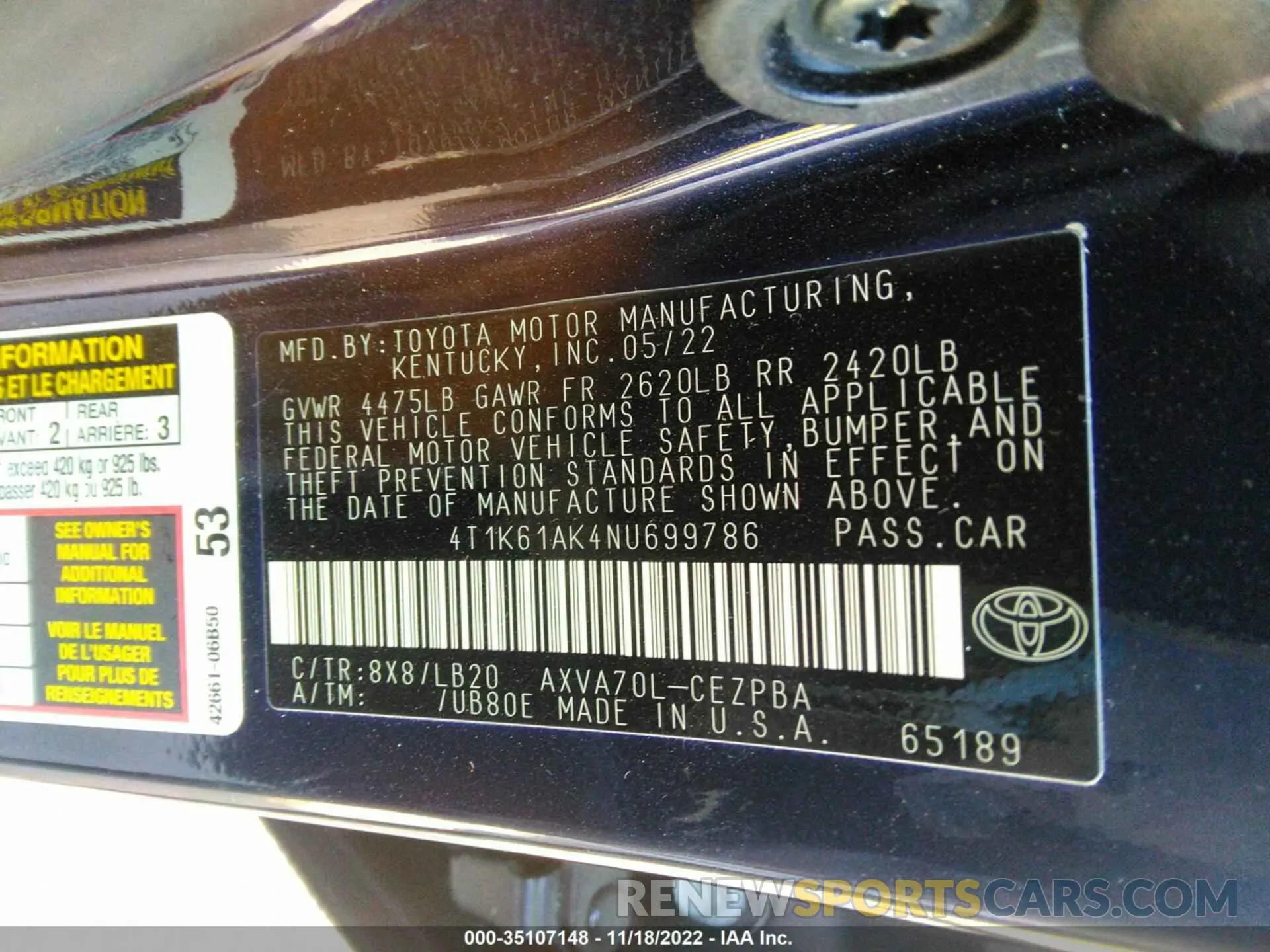 9 Photograph of a damaged car 4T1K61AK4NU699786 TOYOTA CAMRY 2022