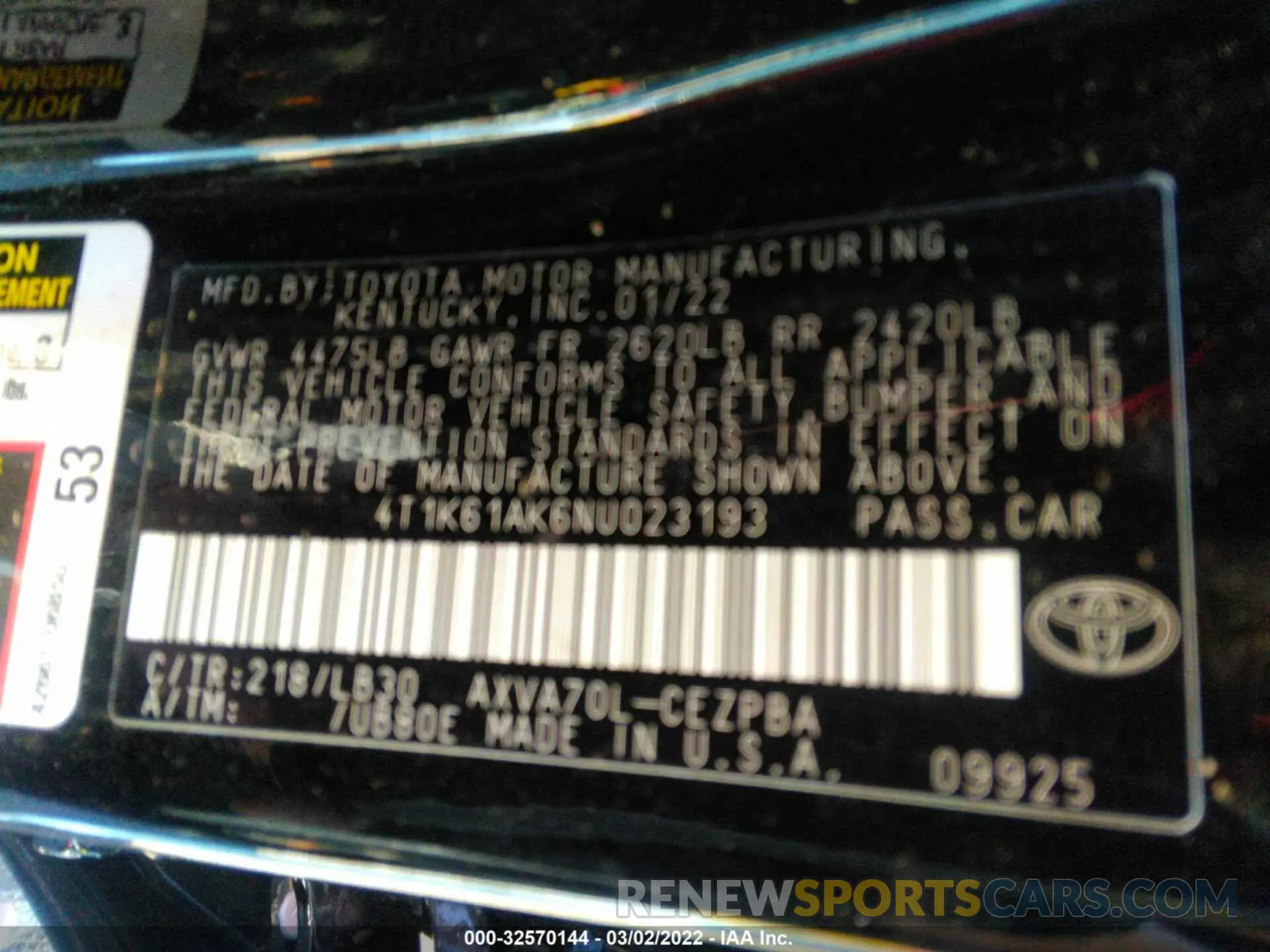 9 Photograph of a damaged car 4T1K61AK6NU023193 TOYOTA CAMRY 2022