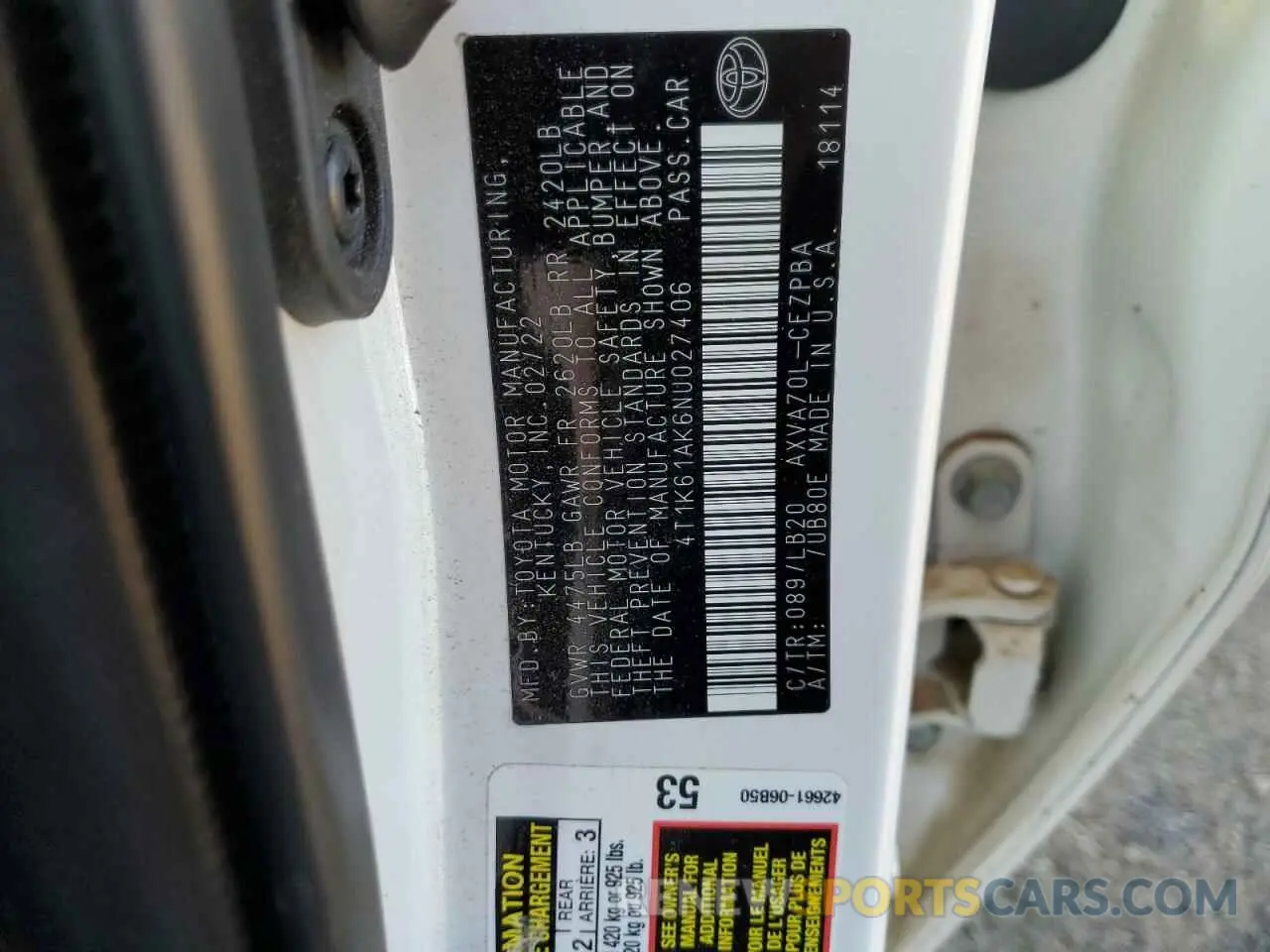 12 Photograph of a damaged car 4T1K61AK6NU027406 TOYOTA CAMRY 2022