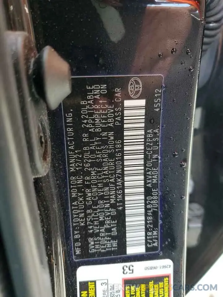 12 Photograph of a damaged car 4T1K61AK7NU016186 TOYOTA CAMRY 2022