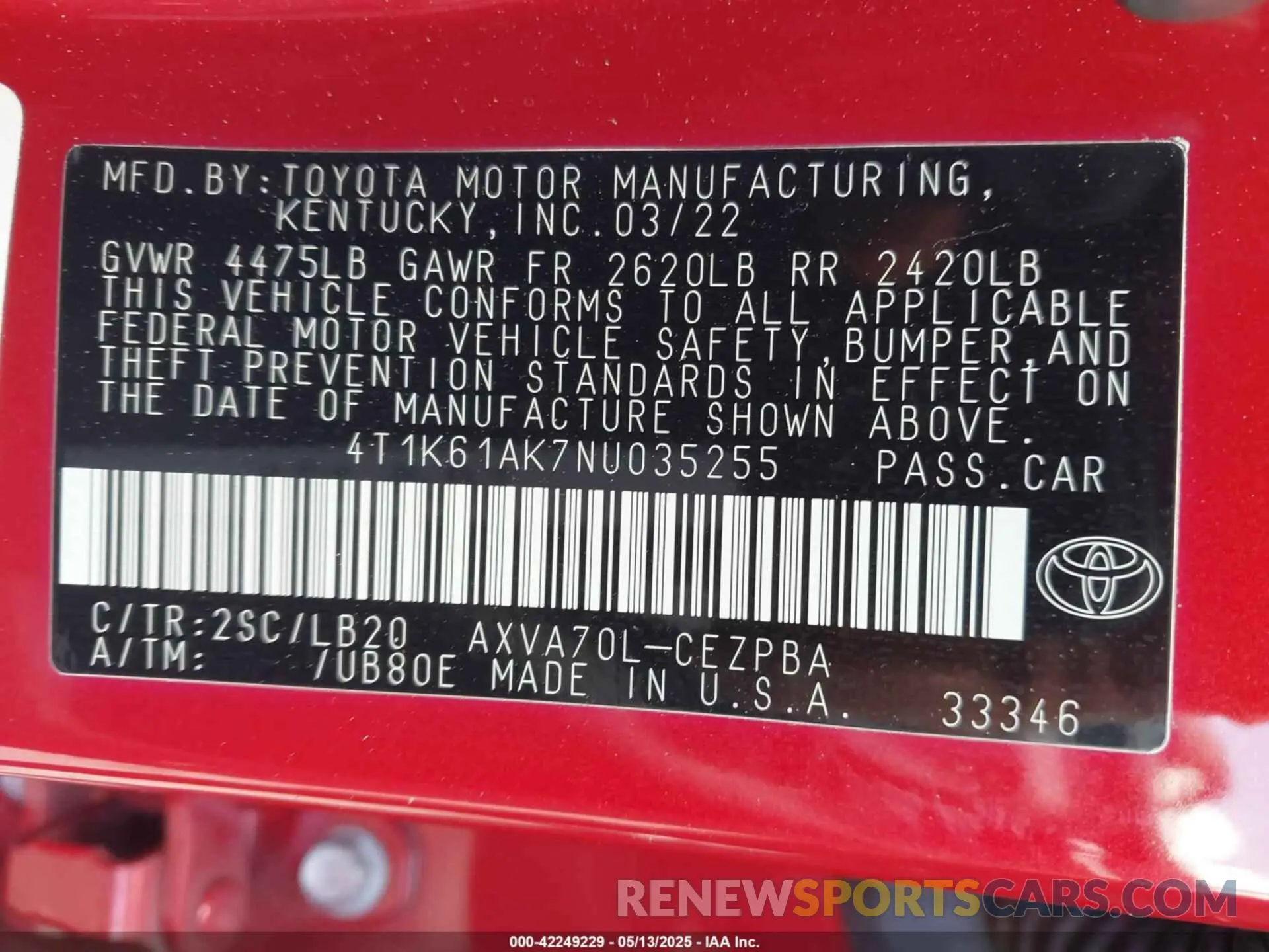 9 Photograph of a damaged car 4T1K61AK7NU035255 TOYOTA CAMRY 2022