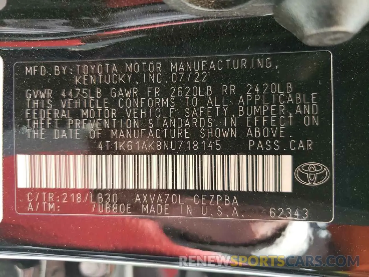 12 Photograph of a damaged car 4T1K61AK8NU718145 TOYOTA CAMRY 2022