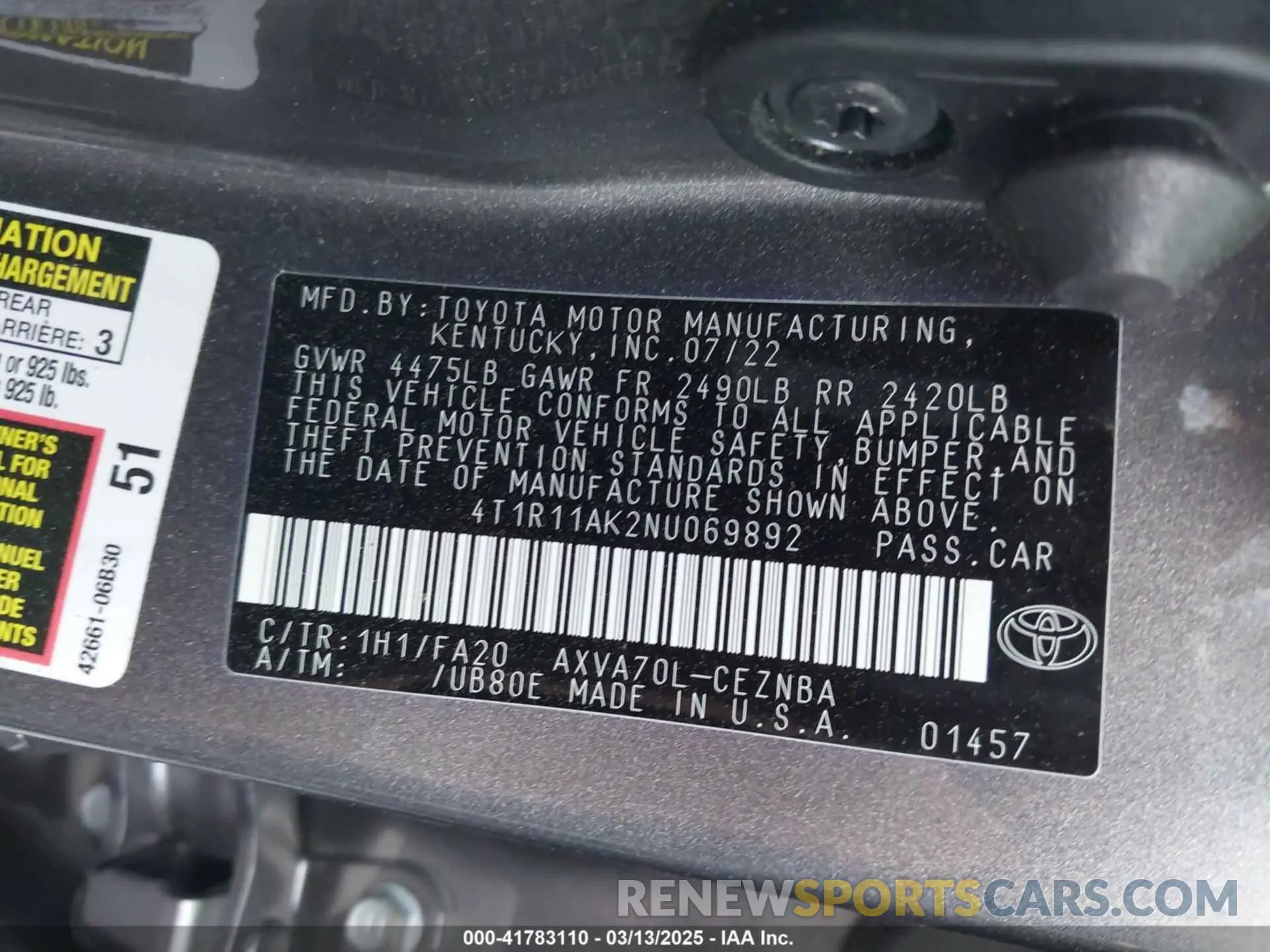 9 Фотография поврежденного автомобиля 4T1R11AK2NU069892 TOYOTA CAMRY 2022