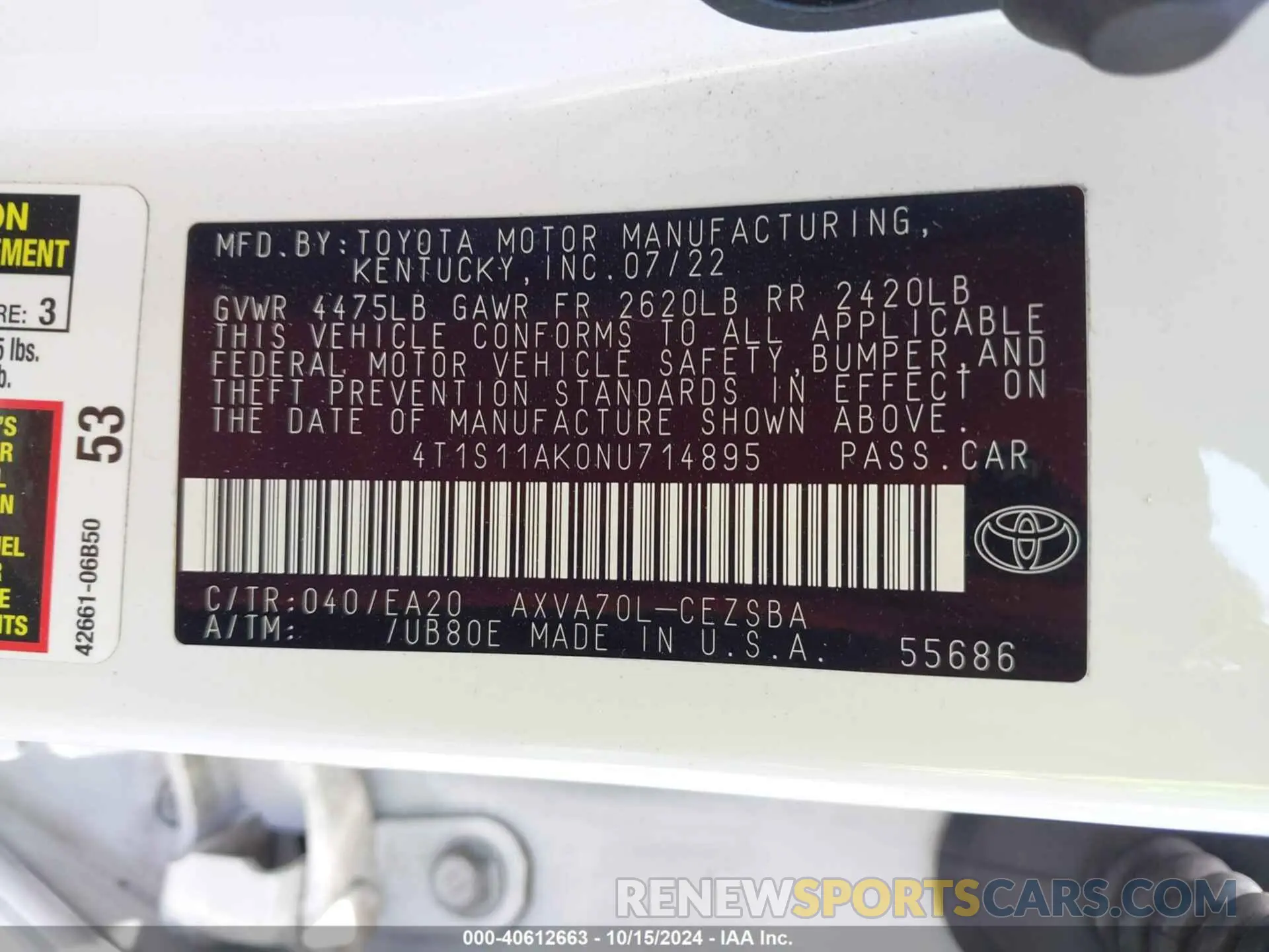 9 Фотография поврежденного автомобиля 4T1S11AK0NU714895 TOYOTA CAMRY 2022