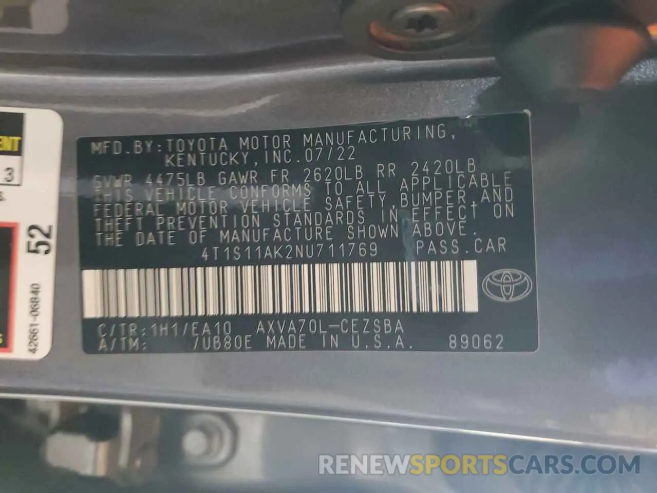 12 Фотография поврежденного автомобиля 4T1S11AK2NU711769 TOYOTA CAMRY 2022