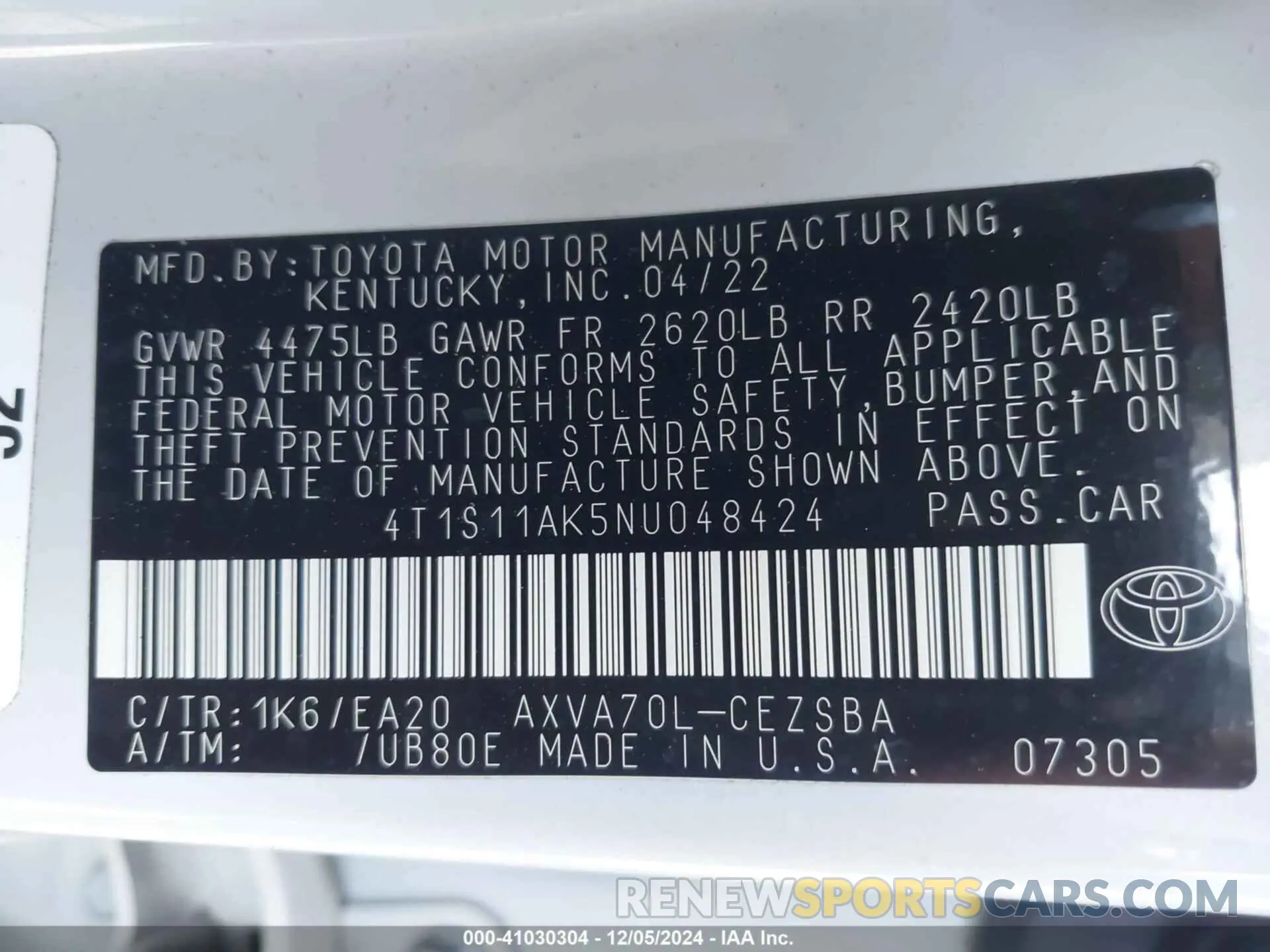 9 Фотография поврежденного автомобиля 4T1S11AK5NU048424 TOYOTA CAMRY 2022