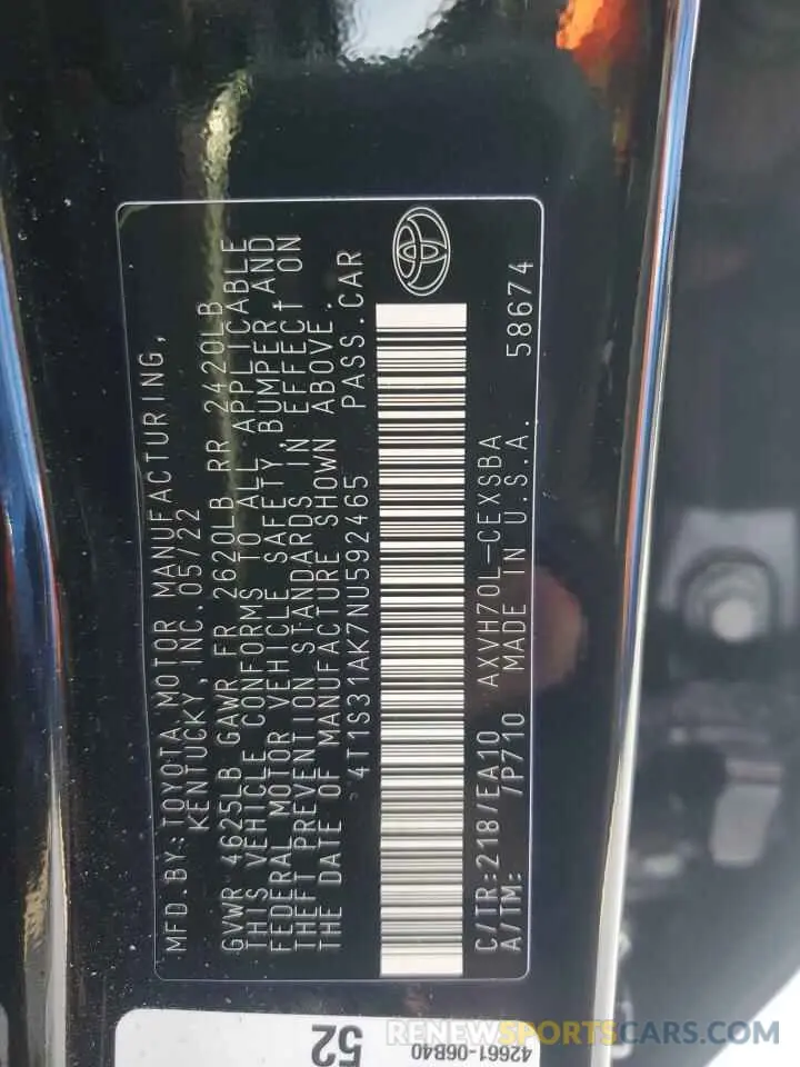 12 Фотография поврежденного автомобиля 4T1S31AK7NU592465 TOYOTA CAMRY 2022
