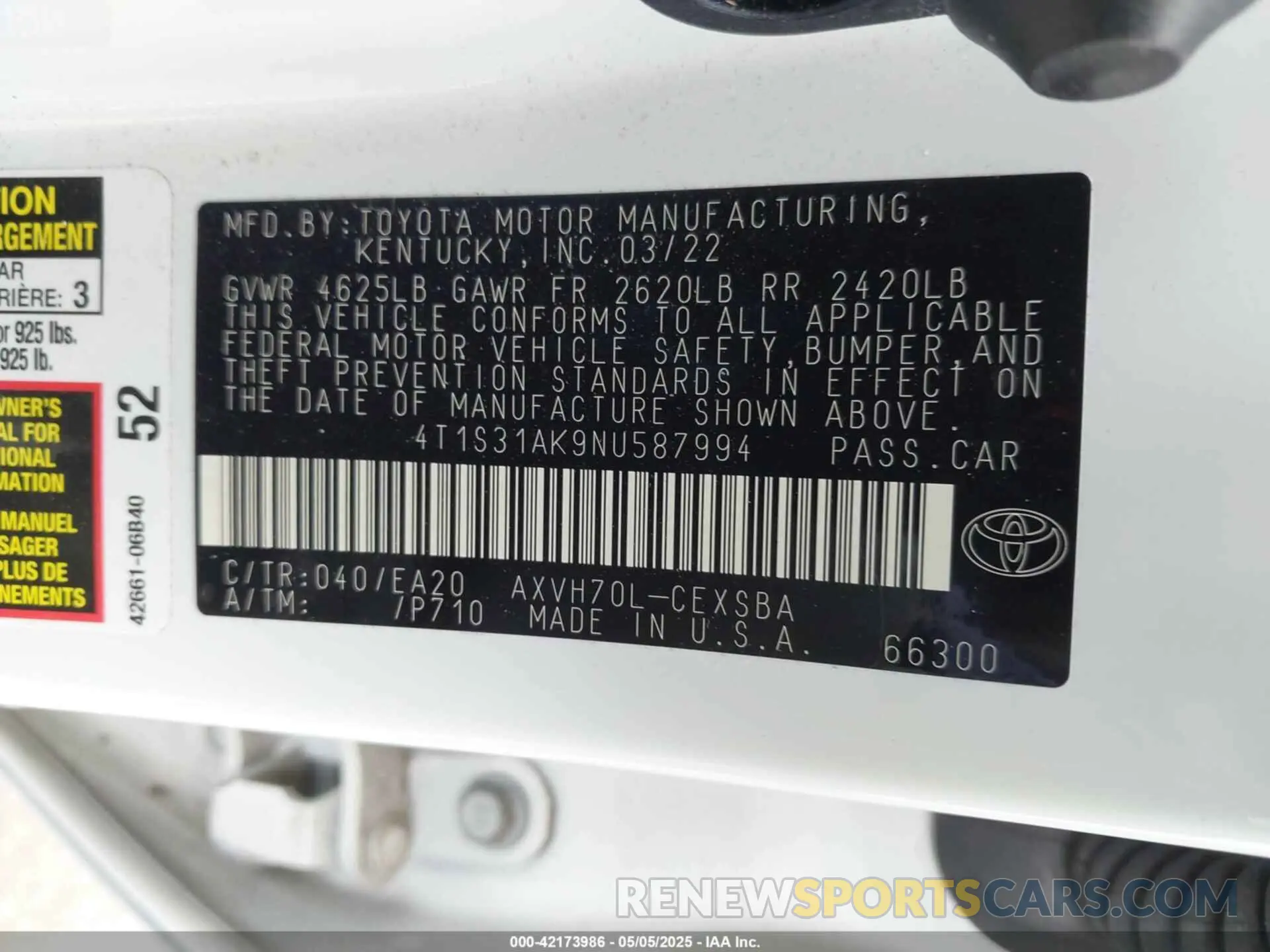 9 Фотография поврежденного автомобиля 4T1S31AK9NU587994 TOYOTA CAMRY 2022