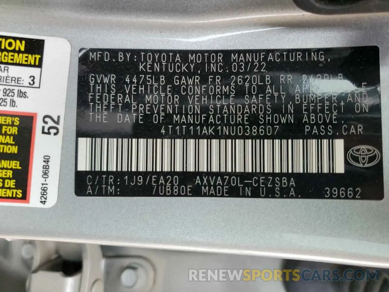 13 Photograph of a damaged car 4T1T11AK1NU038607 TOYOTA CAMRY 2022
