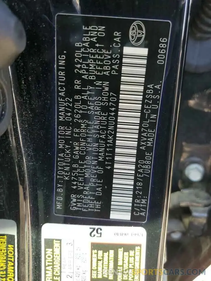 12 Фотография поврежденного автомобиля 4T1T11AK2NU044707 TOYOTA CAMRY 2022