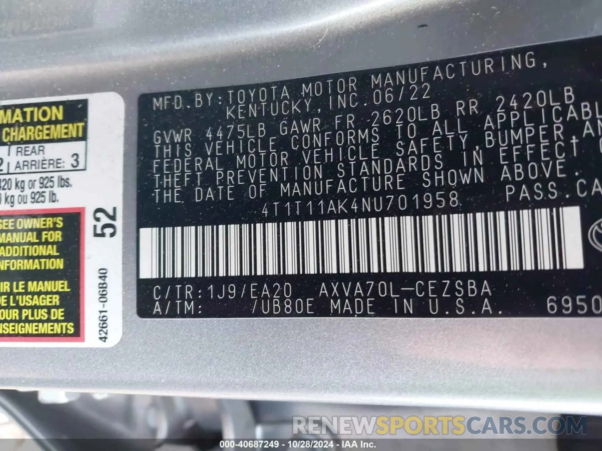 9 Фотография поврежденного автомобиля 4T1T11AK4NU701958 TOYOTA CAMRY 2022
