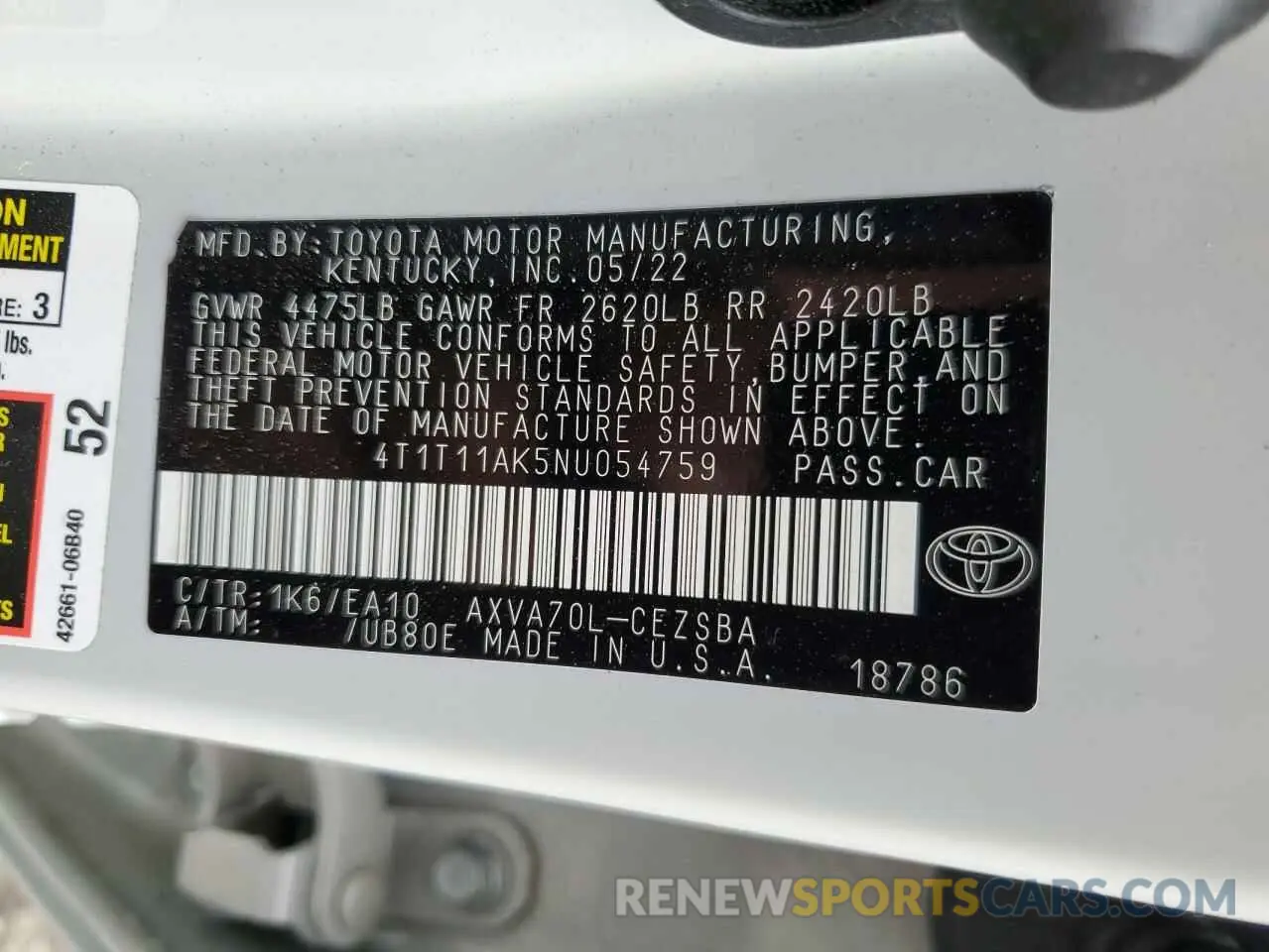 12 Photograph of a damaged car 4T1T11AK5NU054759 TOYOTA CAMRY 2022